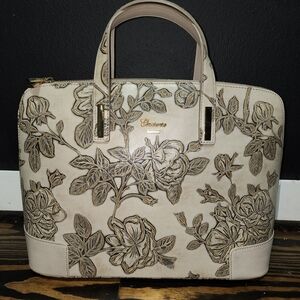 Elegant Floral Satchel in Cream With Tooled Flowers By CUOIERIA FIORENTINA ITALY